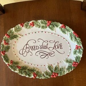 Fitz and Floyd cookie platter in hand painted porcelain with holly and berries